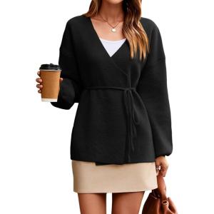 Saodimallsu Womens Wrap V Neck Cardigan Sweaters Tie Front Long Sleeve Soft Knit Dressy Work Fall Sweater Blazer(Black)