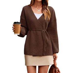 Saodimallsu Womens Wrap V Neck Cardigan Sweaters Tie Front Long Sleeve Soft Knit Dressy Work Fall Sweater Blazer(Coffee)