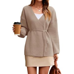 Saodimallsu Womens Wrap V Neck Cardigan Sweaters Tie Front Long Sleeve Soft Knit Dressy Work Fall Sweater Blazer(Khaki)
