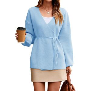Saodimallsu Womens Wrap V Neck Cardigan Sweaters Tie Front Long Sleeve Soft Knit Dressy Work Fall Sweater Blazer(Light Blue)
