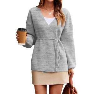 Saodimallsu Womens Wrap V Neck Cardigan Sweaters Tie Front Long Sleeve Soft Knit Dressy Work Fall Sweater Blazer(Light Gray)
