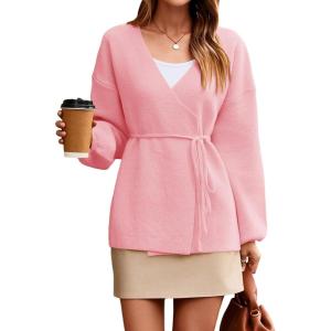 Saodimallsu Womens Wrap V Neck Cardigan Sweaters Tie Front Long Sleeve Soft Knit Dressy Work Fall Sweater Blazer(Light Pink)