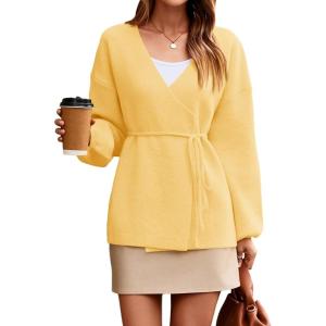 Saodimallsu Womens Wrap V Neck Cardigan Sweaters Tie Front Long Sleeve Soft Knit Dressy Work Fall Sweater Blazer(Light Yellow)