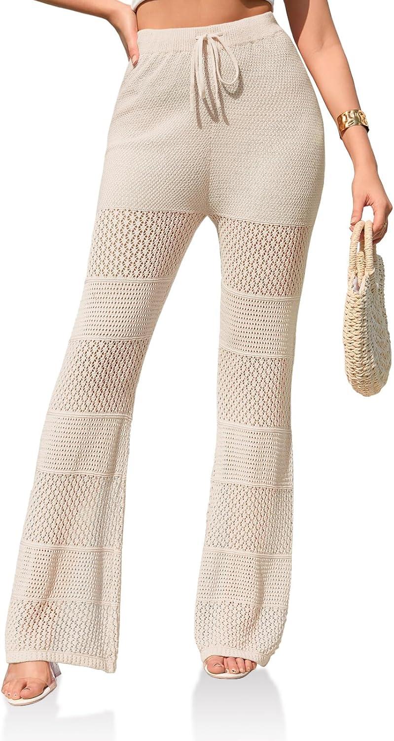 imageSaodimallsu Womens Beach Cover Up Pants Boho Crochet Knit High Waist Drawstring Sheer Hollow Swim Pant SwimwearApricot