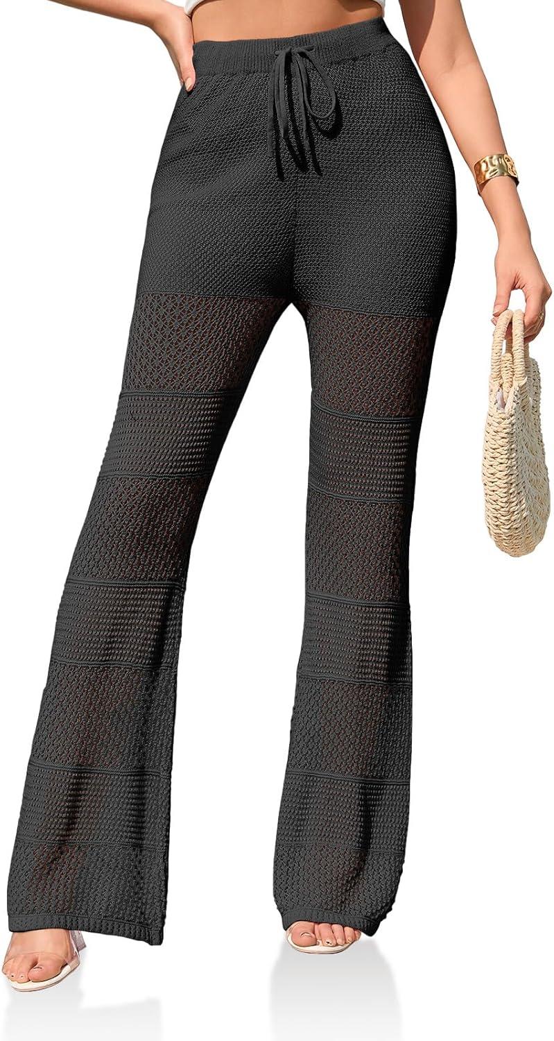 imageSaodimallsu Womens Beach Cover Up Pants Boho Crochet Knit High Waist Drawstring Sheer Hollow Swim Pant SwimwearBlack