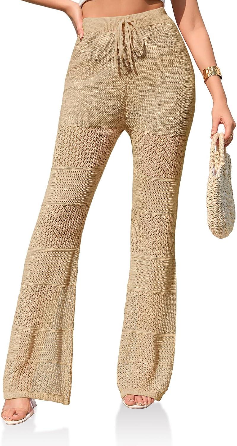 imageSaodimallsu Womens Beach Cover Up Pants Boho Crochet Knit High Waist Drawstring Sheer Hollow Swim Pant SwimwearKhaki