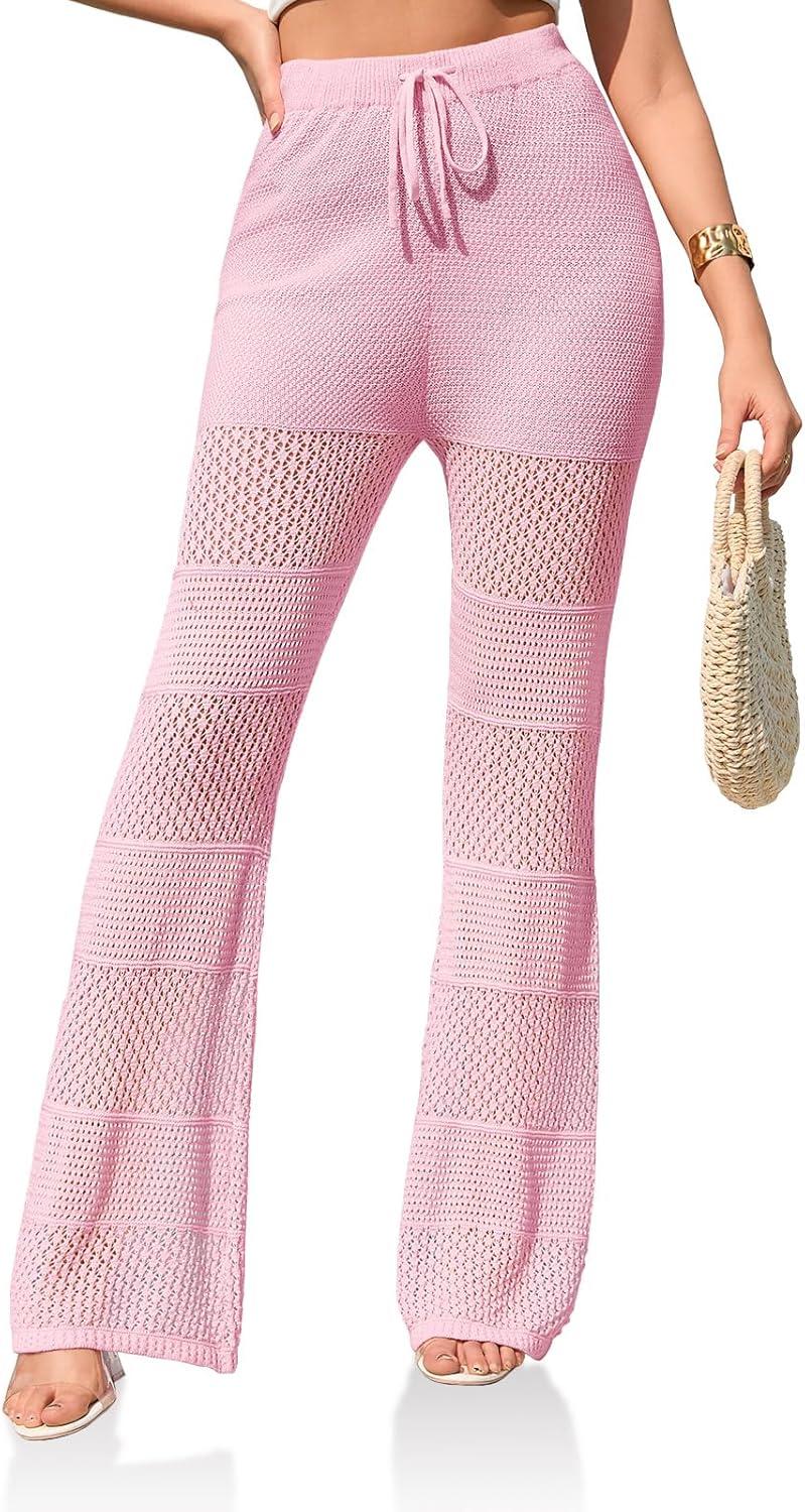 imageSaodimallsu Womens Beach Cover Up Pants Boho Crochet Knit High Waist Drawstring Sheer Hollow Swim Pant SwimwearPink