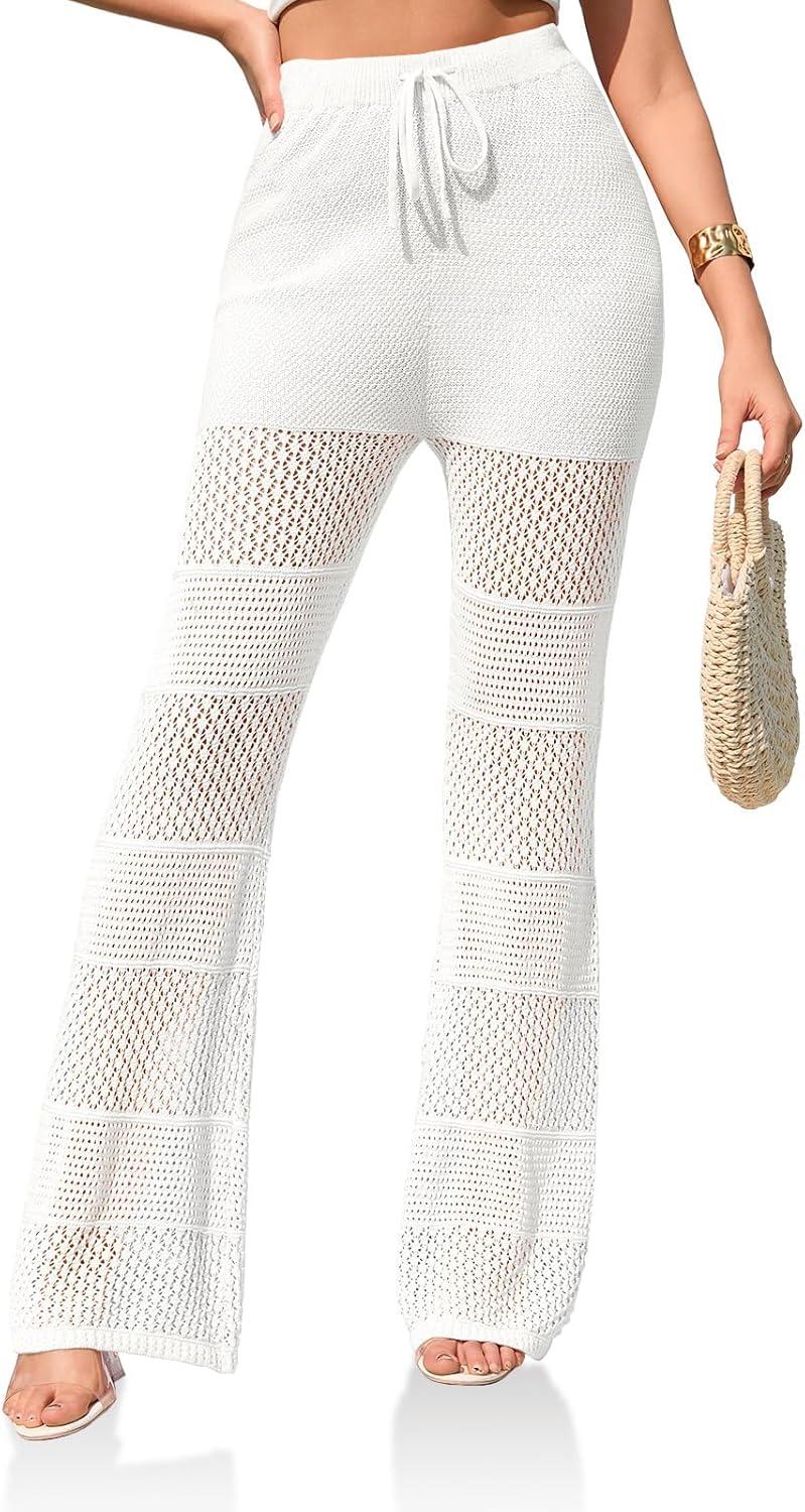 imageSaodimallsu Womens Beach Cover Up Pants Boho Crochet Knit High Waist Drawstring Sheer Hollow Swim Pant SwimwearWhite