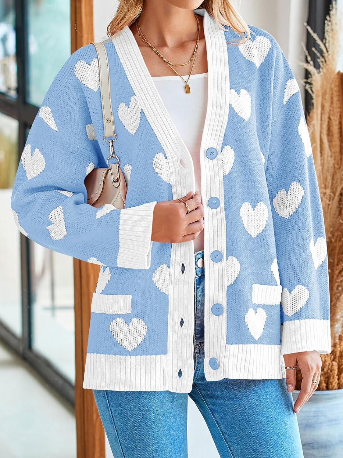 imageSaodimallsu Womens Oversized Heart Cardigan Color Block V Neck Button Long Sleeve Chunky Valentines SweatersBlue