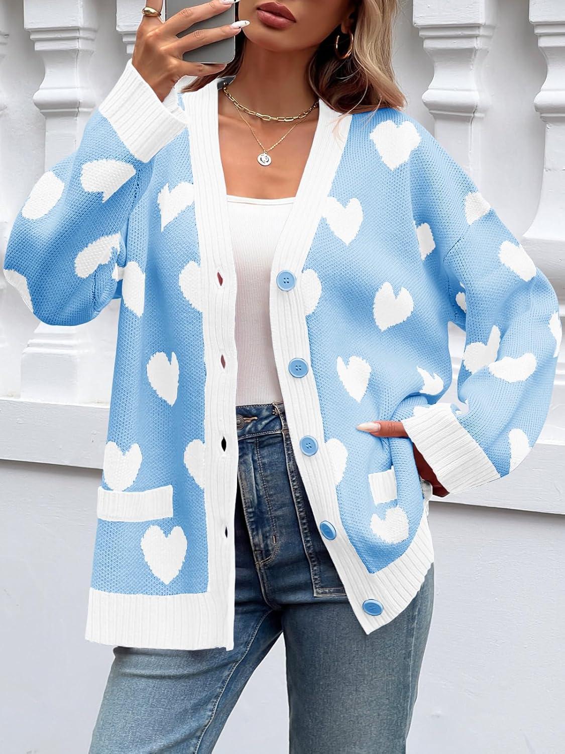imageSaodimallsu Womens Oversized Heart Cardigan Color Block V Neck Button Long Sleeve Chunky Valentines SweatersBlue