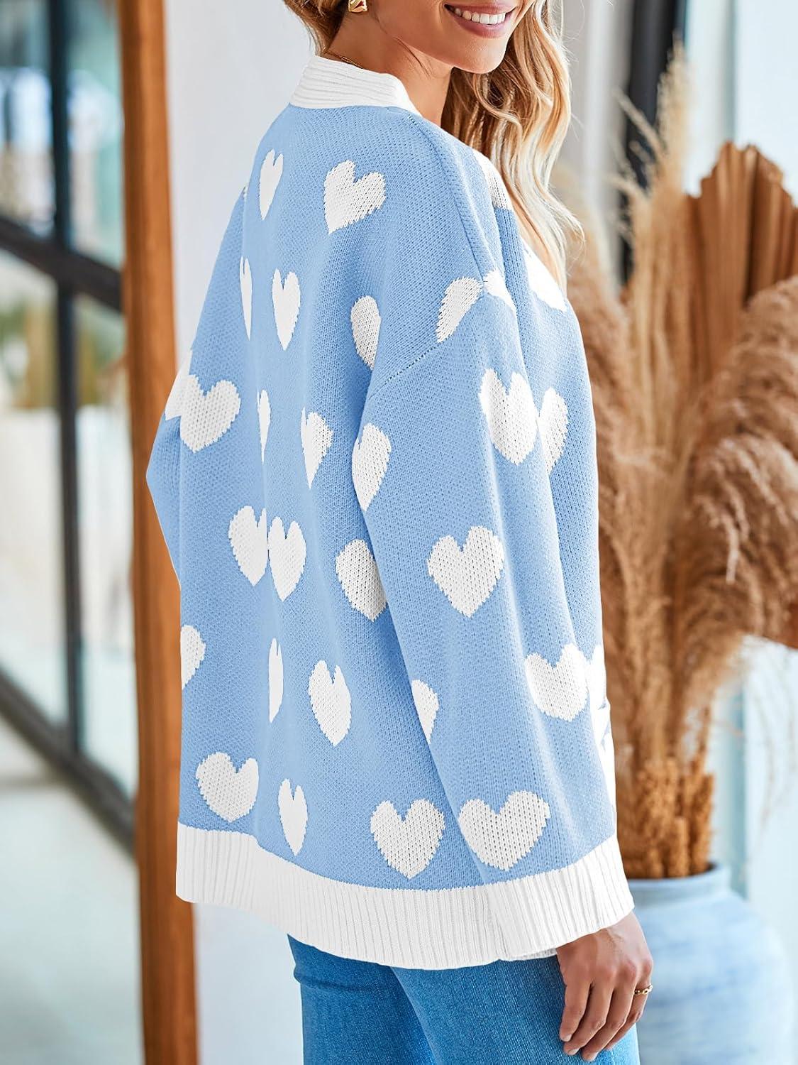 imageSaodimallsu Womens Oversized Heart Cardigan Color Block V Neck Button Long Sleeve Chunky Valentines SweatersBlue