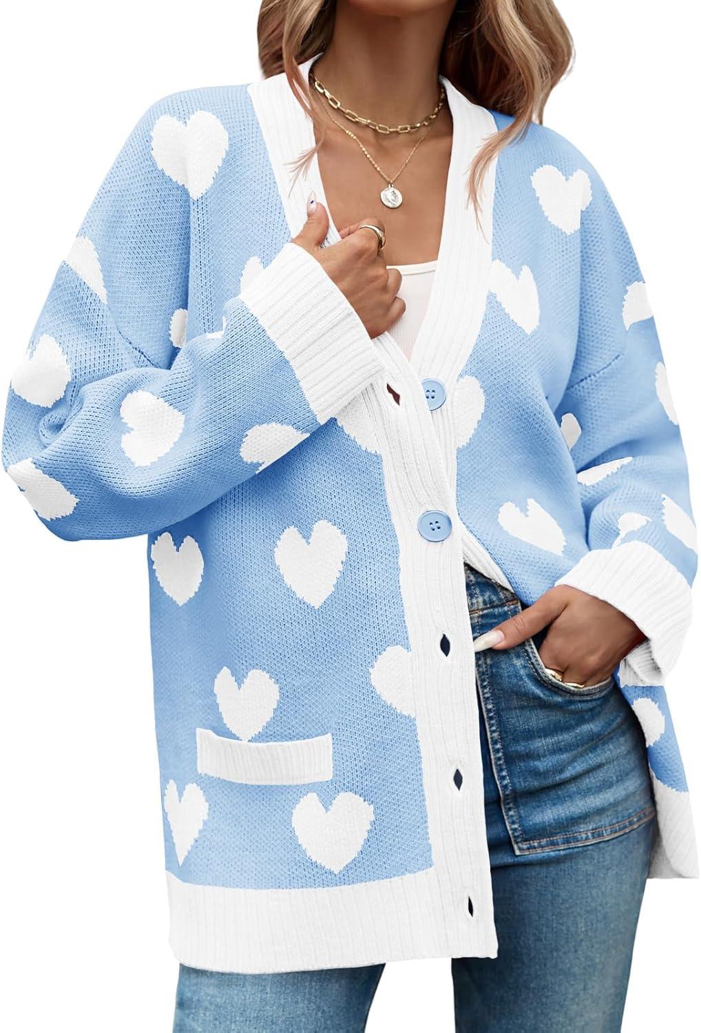 imageSaodimallsu Womens Oversized Heart Cardigan Color Block V Neck Button Long Sleeve Chunky Valentines SweatersBlue