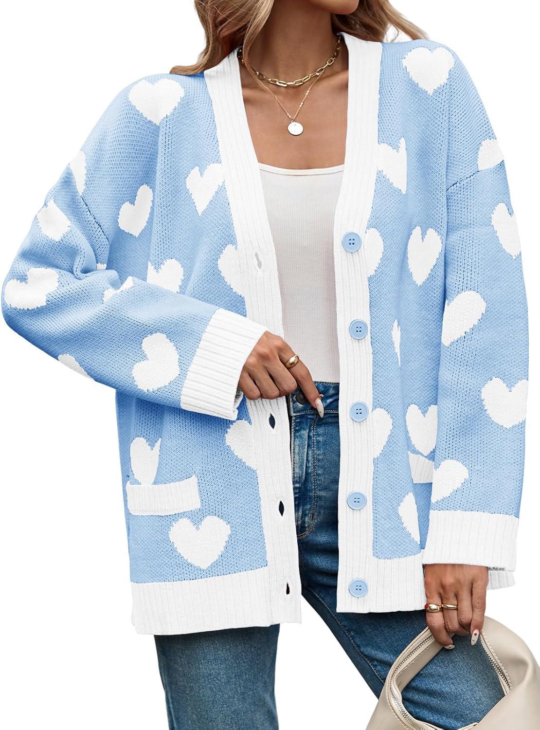 imageSaodimallsu Womens Oversized Heart Cardigan Color Block V Neck Button Long Sleeve Chunky Valentines SweatersBlue
