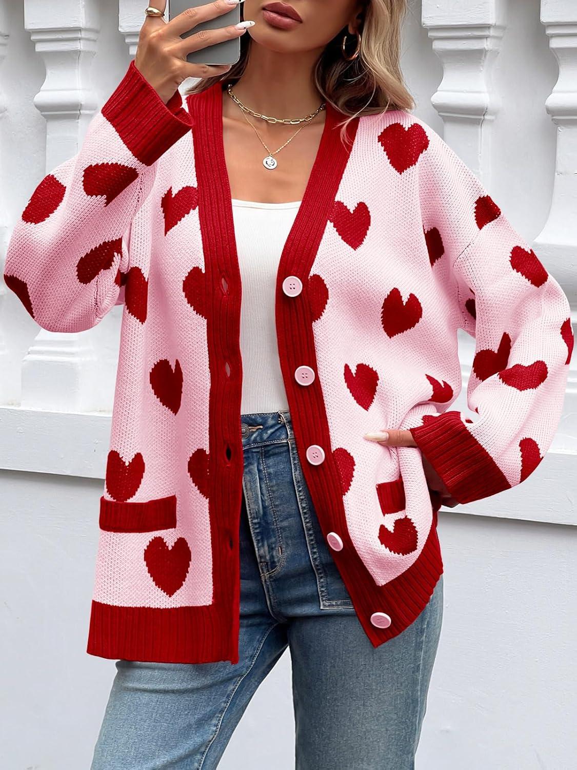 imageSaodimallsu Womens Oversized Heart Cardigan Color Block V Neck Button Long Sleeve Chunky Valentines SweatersPink