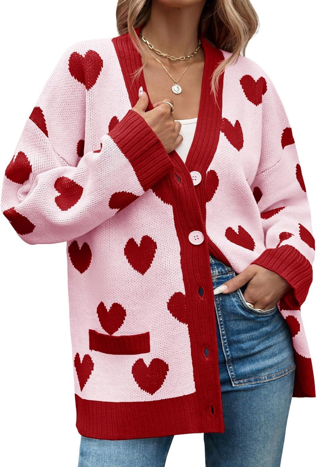 imageSaodimallsu Womens Oversized Heart Cardigan Color Block V Neck Button Long Sleeve Chunky Valentines SweatersPink