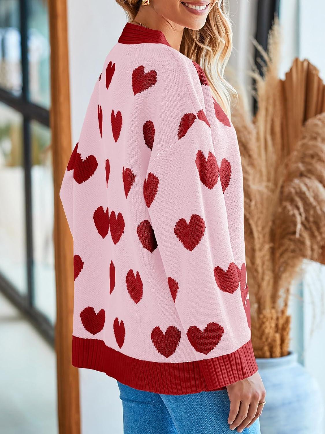 imageSaodimallsu Womens Oversized Heart Cardigan Color Block V Neck Button Long Sleeve Chunky Valentines SweatersPink