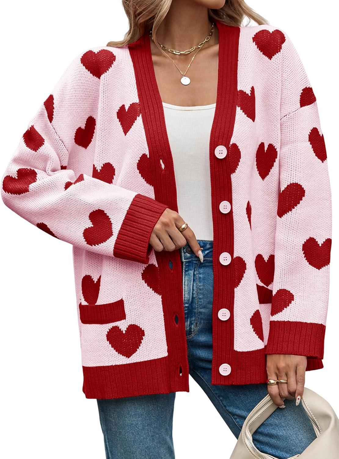 imageSaodimallsu Womens Oversized Heart Cardigan Color Block V Neck Button Long Sleeve Chunky Valentines SweatersPink