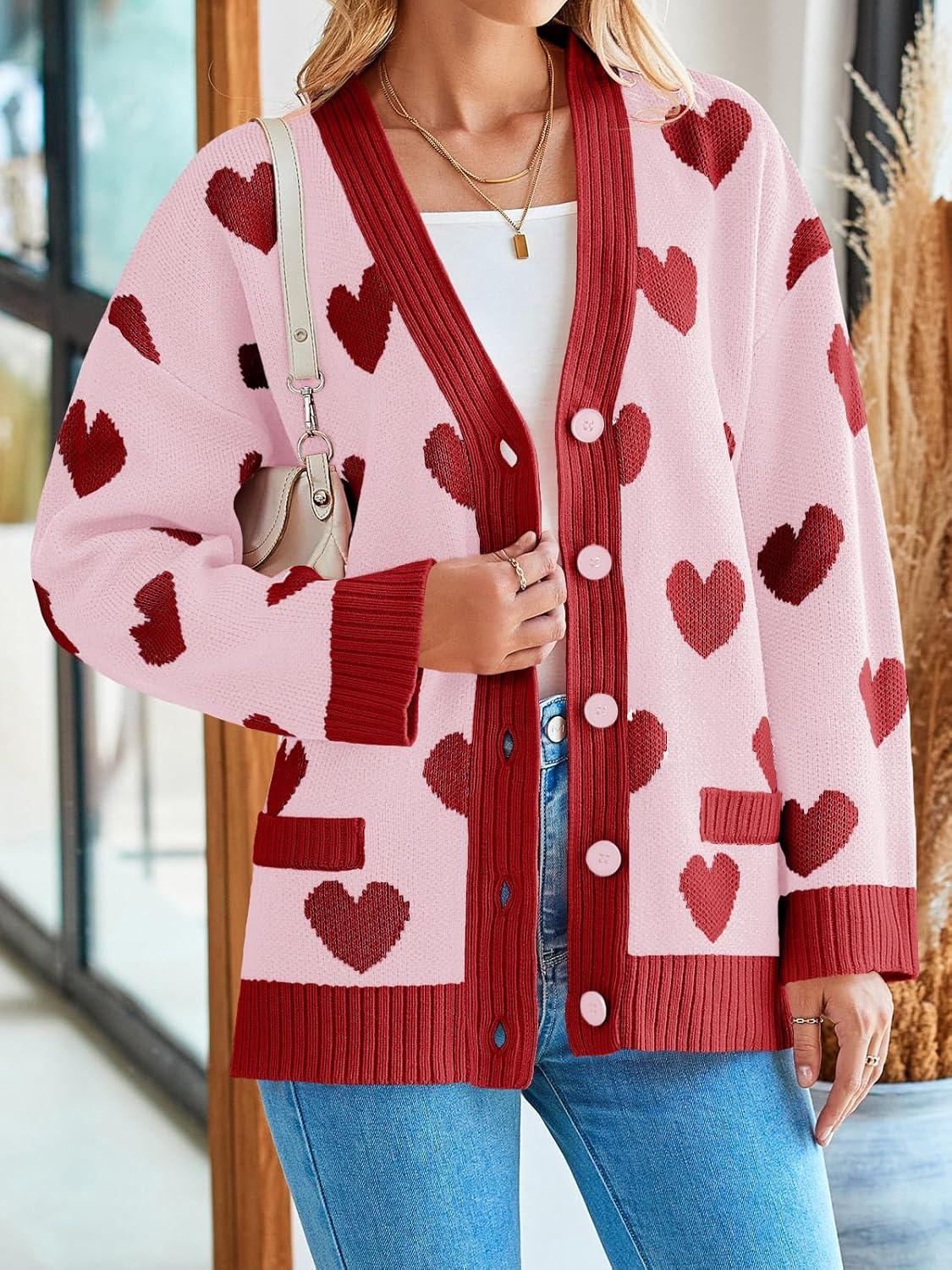 imageSaodimallsu Womens Oversized Heart Cardigan Color Block V Neck Button Long Sleeve Chunky Valentines SweatersPink
