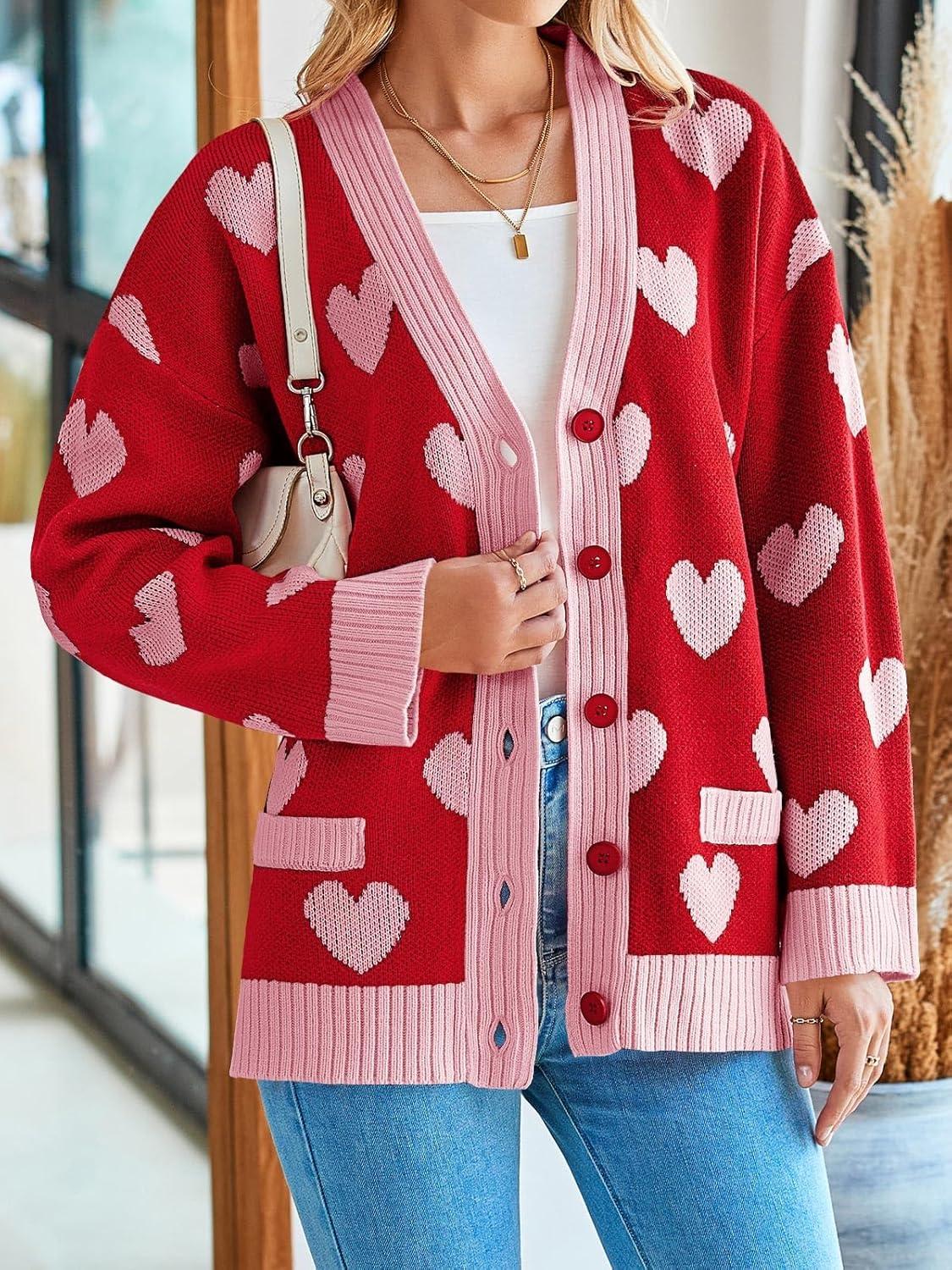 imageSaodimallsu Womens Oversized Heart Cardigan Color Block V Neck Button Long Sleeve Chunky Valentines SweatersRed