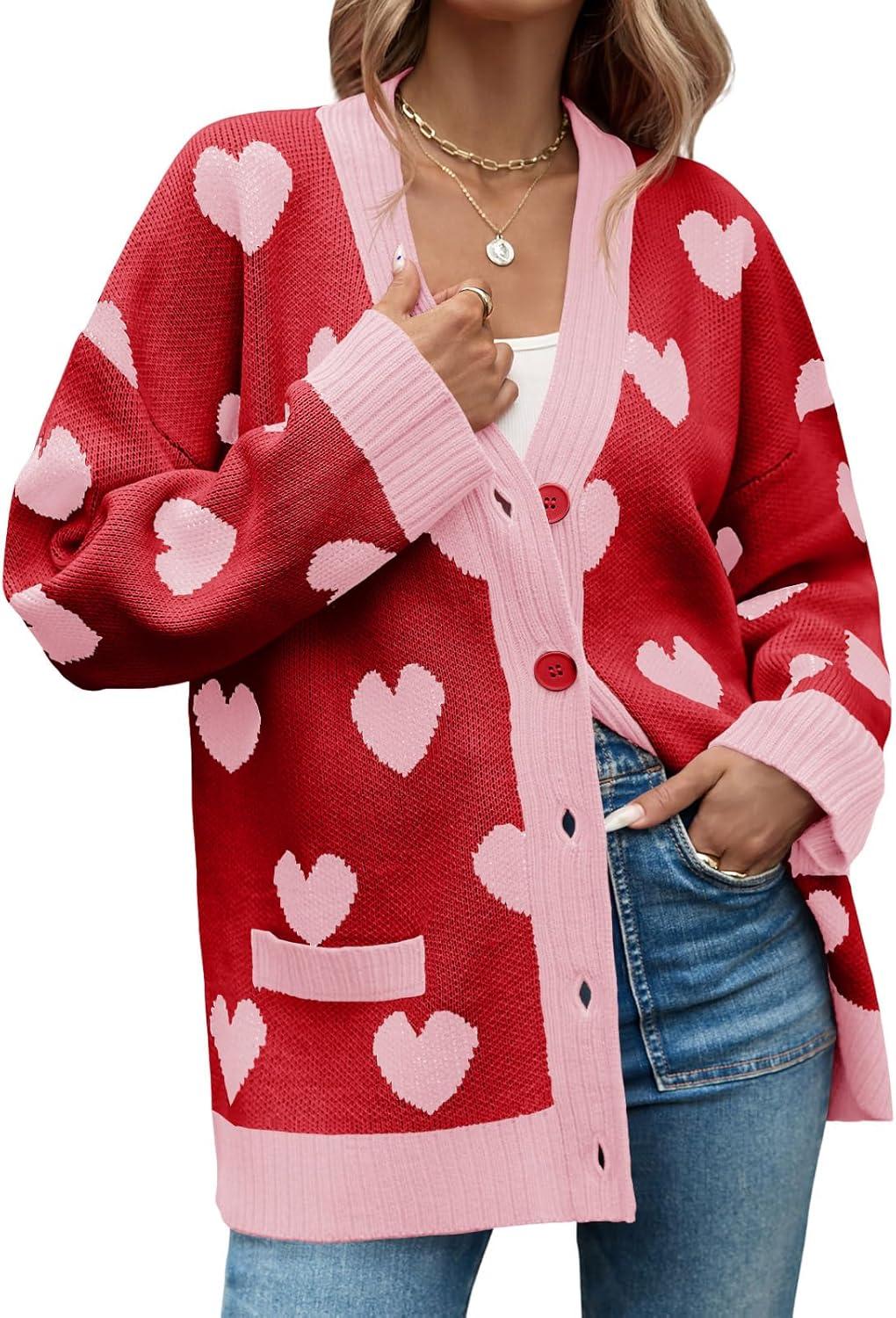 imageSaodimallsu Womens Oversized Heart Cardigan Color Block V Neck Button Long Sleeve Chunky Valentines SweatersRed