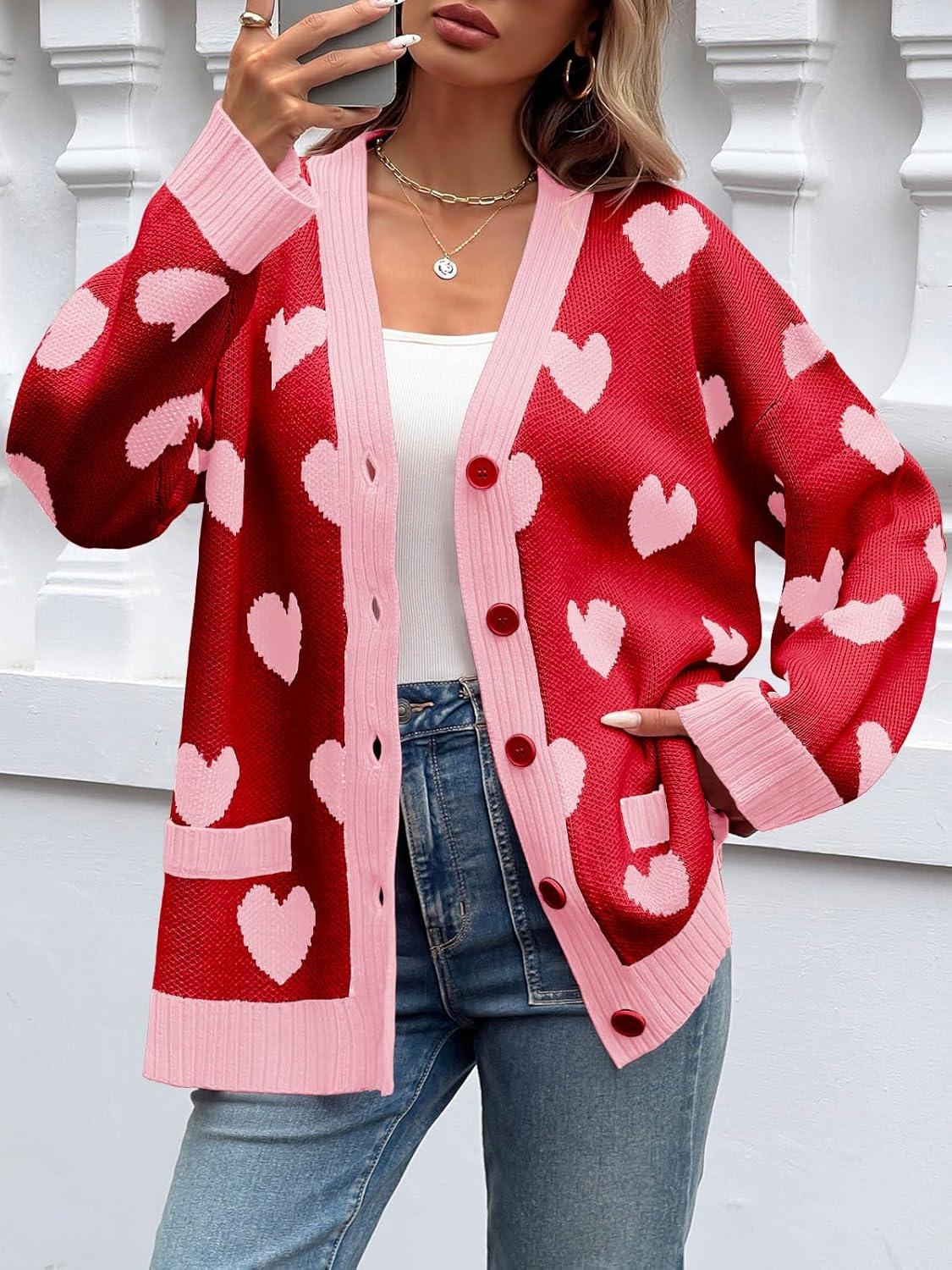 imageSaodimallsu Womens Oversized Heart Cardigan Color Block V Neck Button Long Sleeve Chunky Valentines SweatersRed
