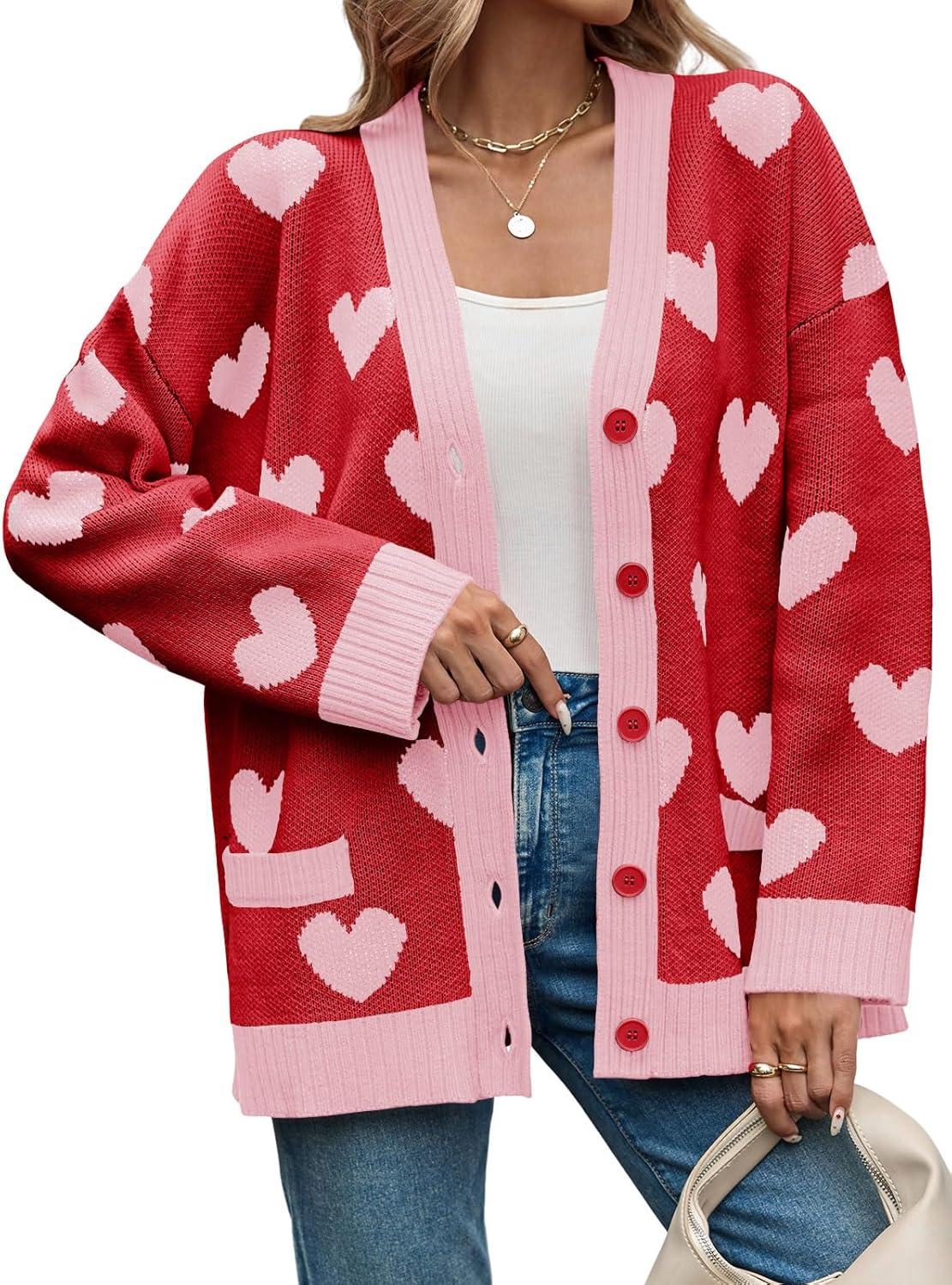 imageSaodimallsu Womens Oversized Heart Cardigan Color Block V Neck Button Long Sleeve Chunky Valentines SweatersRed