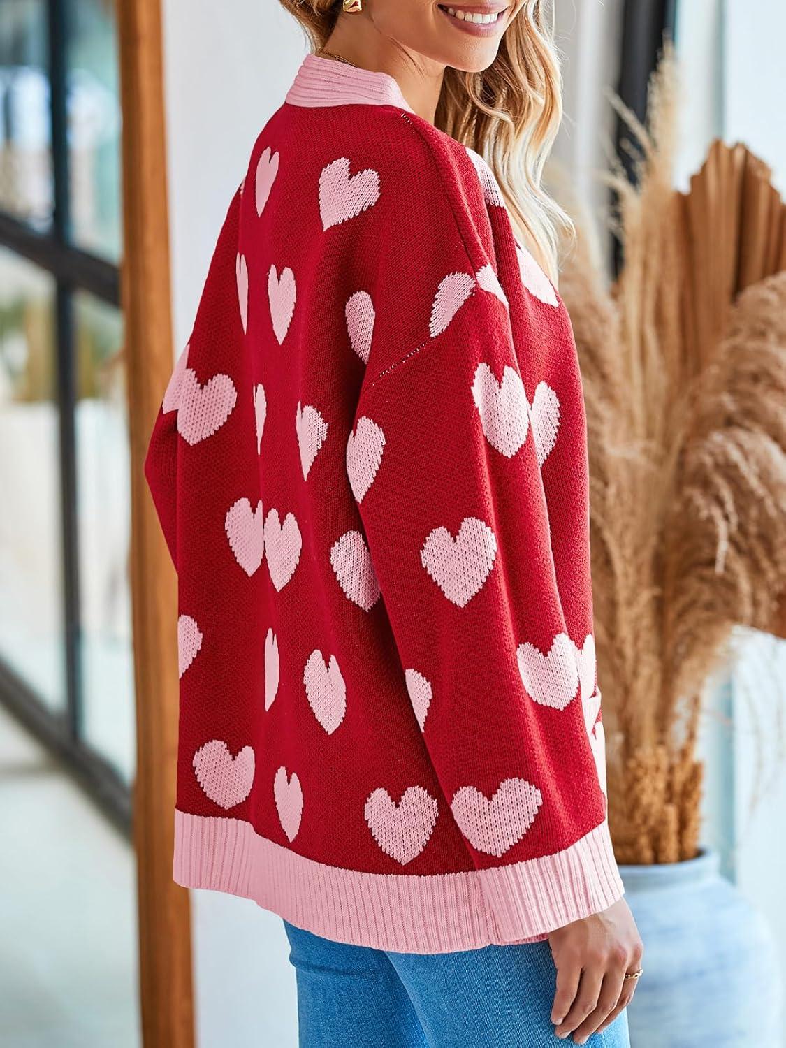 imageSaodimallsu Womens Oversized Heart Cardigan Color Block V Neck Button Long Sleeve Chunky Valentines SweatersRed
