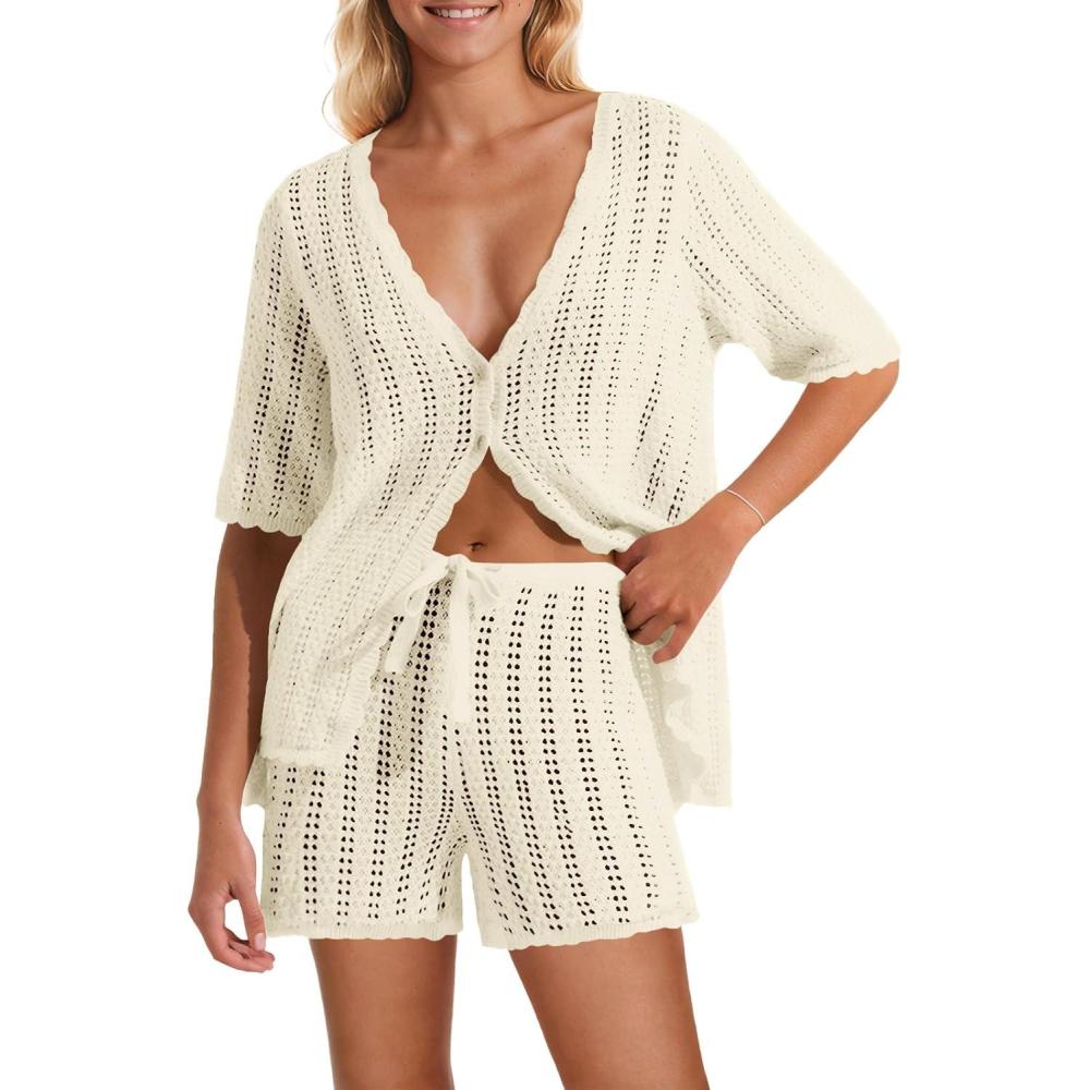 imageSaodimallsu Women Crochet 2 Piece Swimsuit Cover Up Short Sleeve Knit Tops Shorts Sets Summer Beach Vacation OutfitBeige