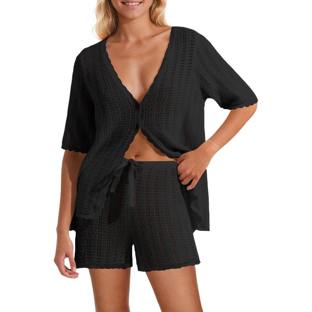 imageSaodimallsu Women Crochet 2 Piece Swimsuit Cover Up Short Sleeve Knit Tops Shorts Sets Summer Beach Vacation OutfitBlack