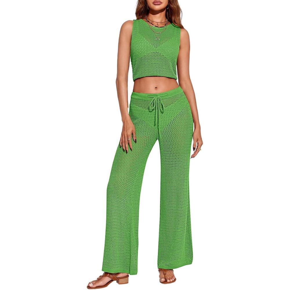 imageSaodimallsu Womens 2 Piece Crochet Swimsuit Cover Up Sleeveless Crop Top Drawstring Long Pants Set Beach OutfitsGreen
