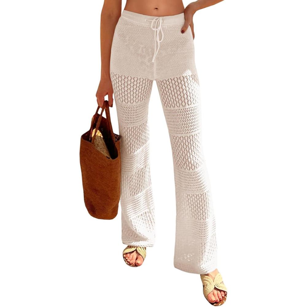 imageSaodimallsu Womens Beach Cover Up Pants Boho Crochet Knit High Waist Drawstring Sheer Hollow Swim Pant SwimwearApricot