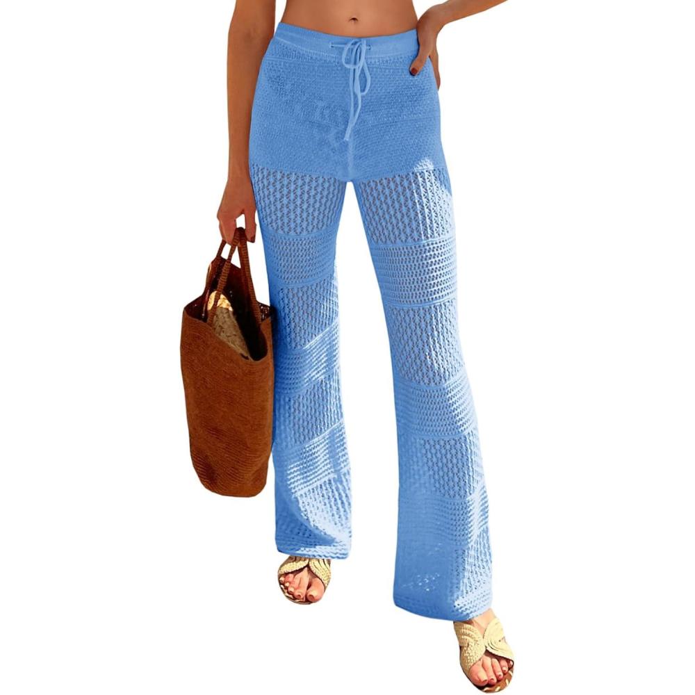 imageSaodimallsu Womens Beach Cover Up Pants Boho Crochet Knit High Waist Drawstring Sheer Hollow Swim Pant SwimwearBlue