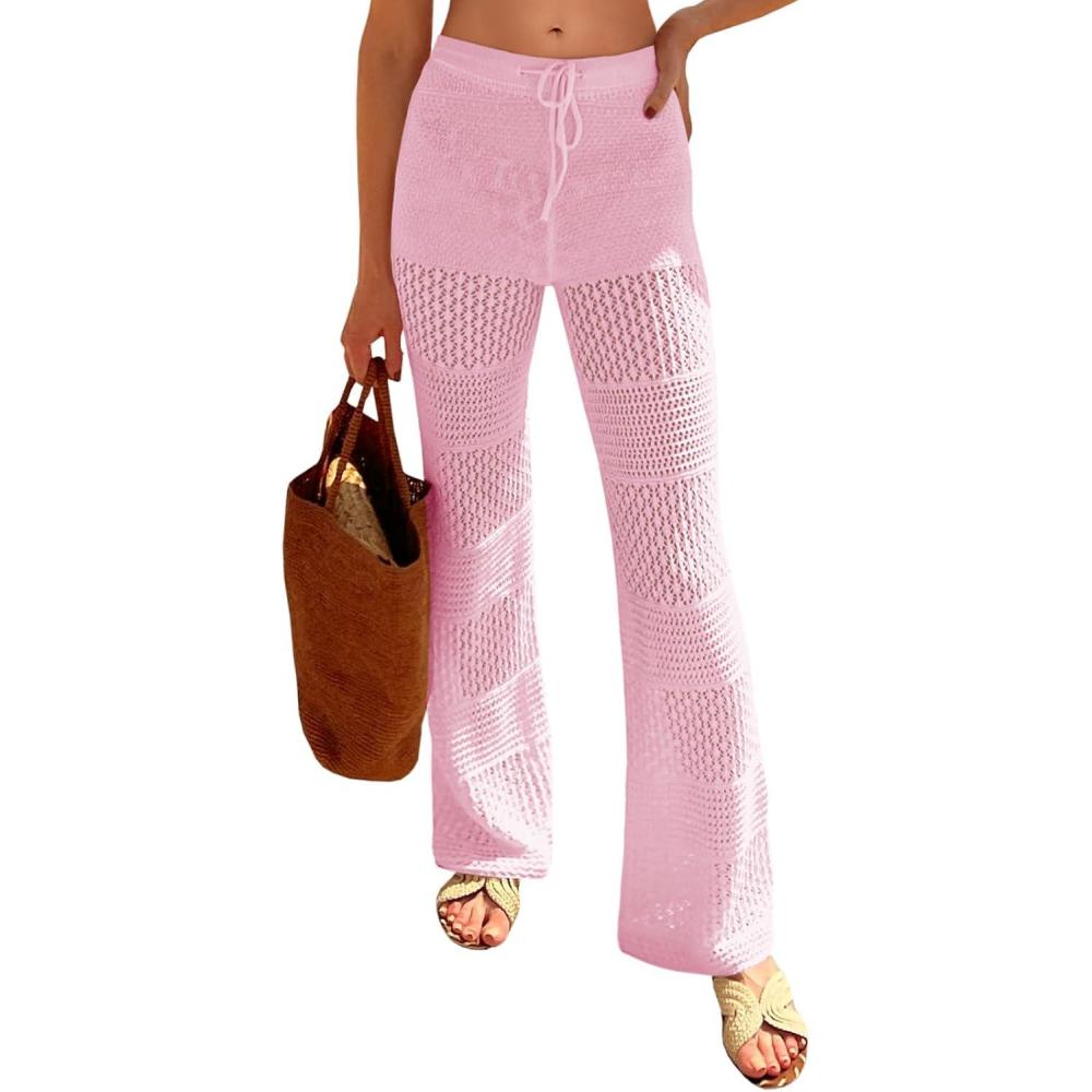 imageSaodimallsu Womens Beach Cover Up Pants Boho Crochet Knit High Waist Drawstring Sheer Hollow Swim Pant SwimwearPink
