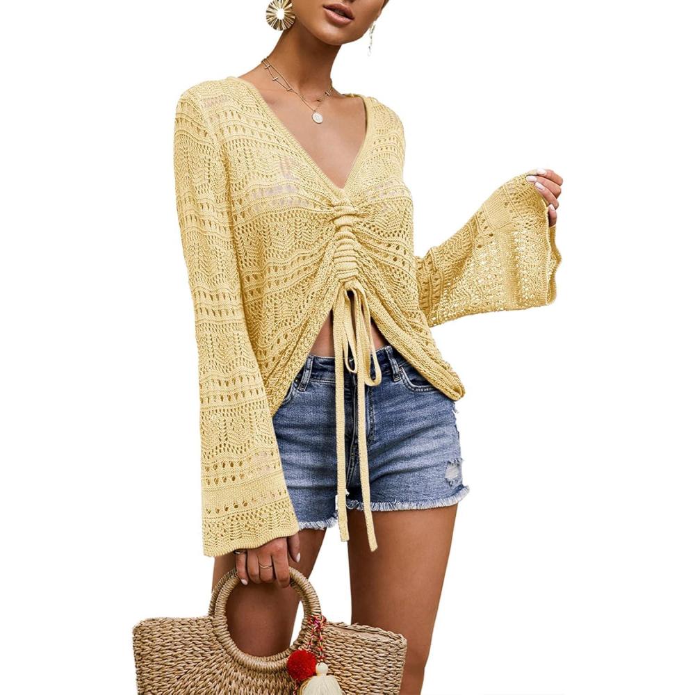 imageSaodimallsu Womens Boho Off Shoulder Sheer Crop Tops Bell Sleeve Flowy Oversized Crochet Ruched Pullover SweatersLight Yellow 1