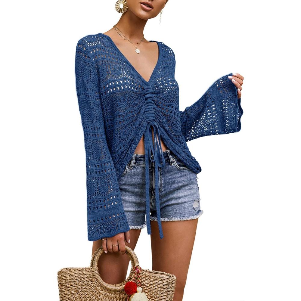 imageSaodimallsu Womens Boho Off Shoulder Sheer Crop Tops Bell Sleeve Flowy Oversized Crochet Ruched Pullover SweatersNavy