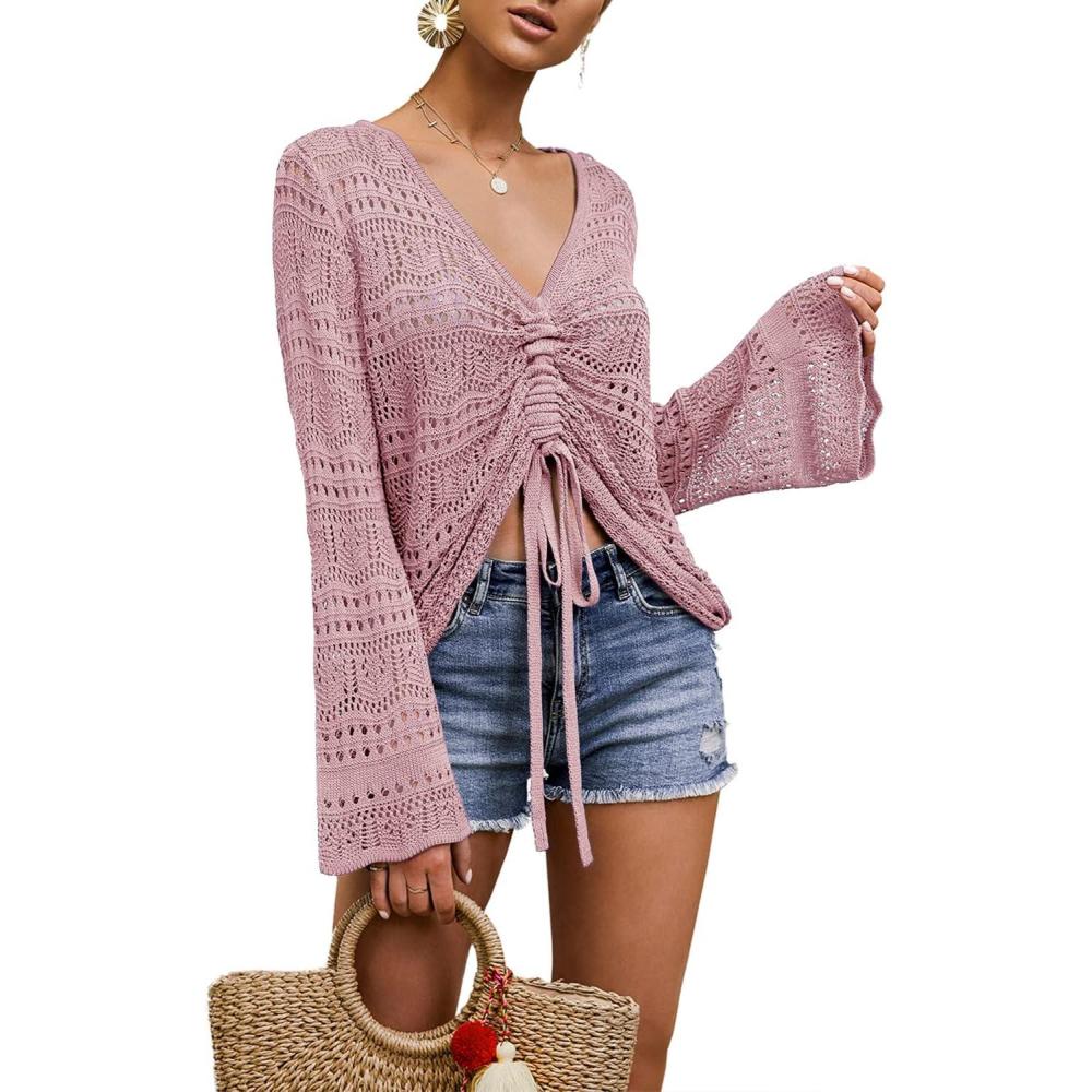 imageSaodimallsu Womens Boho Off Shoulder Sheer Crop Tops Bell Sleeve Flowy Oversized Crochet Ruched Pullover SweatersPink