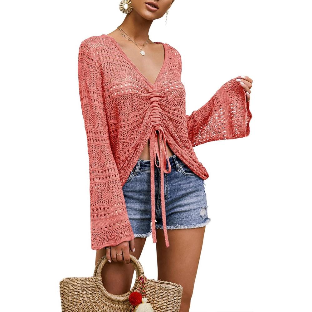 imageSaodimallsu Womens Boho Off Shoulder Sheer Crop Tops Bell Sleeve Flowy Oversized Crochet Ruched Pullover SweatersRed