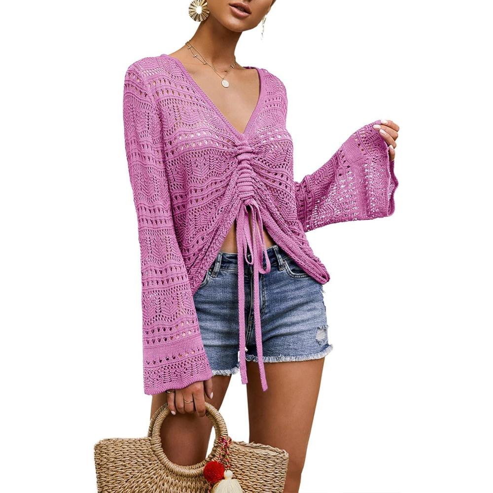imageSaodimallsu Womens Boho Off Shoulder Sheer Crop Tops Bell Sleeve Flowy Oversized Crochet Ruched Pullover SweatersRose