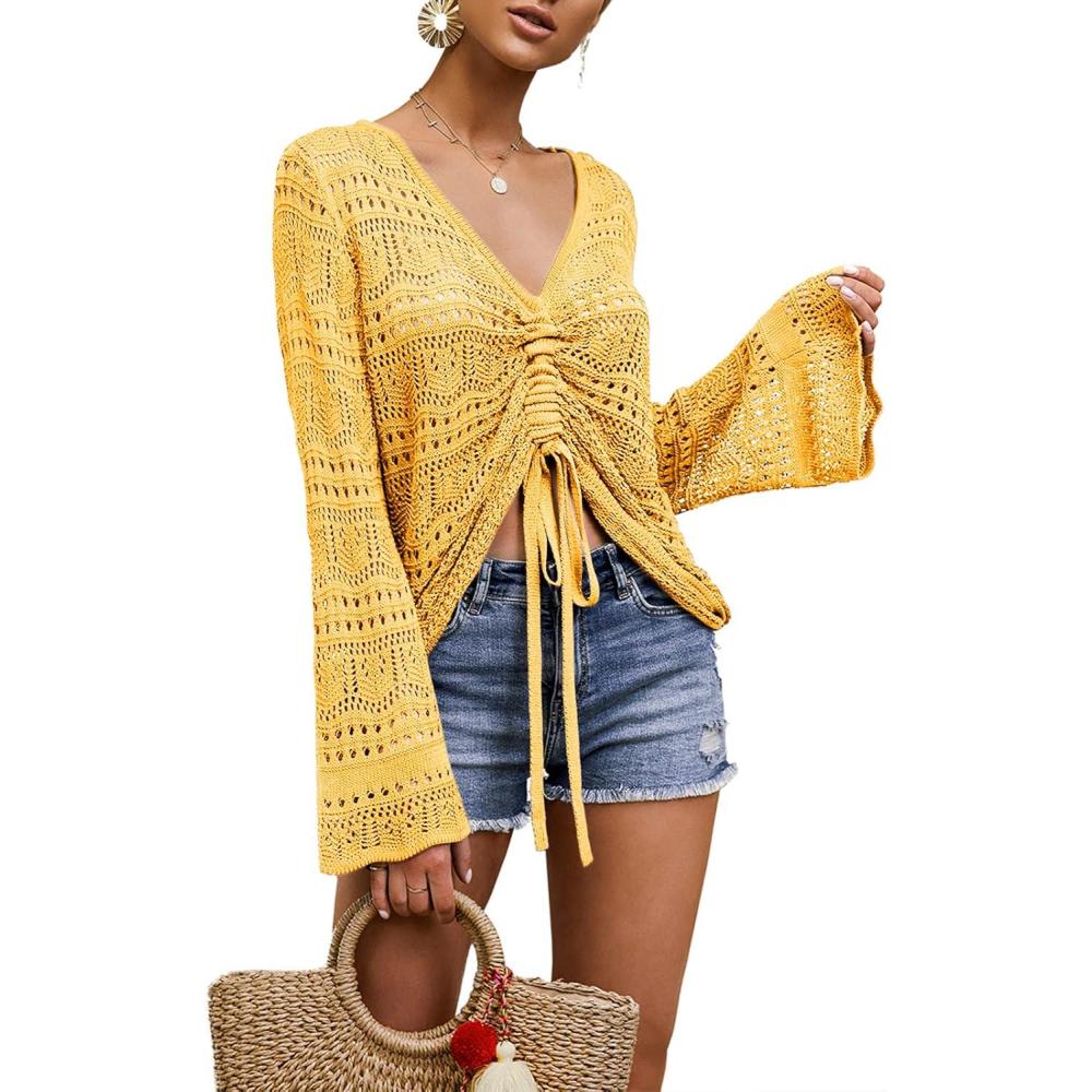imageSaodimallsu Womens Boho Off Shoulder Sheer Crop Tops Bell Sleeve Flowy Oversized Crochet Ruched Pullover SweatersYellow