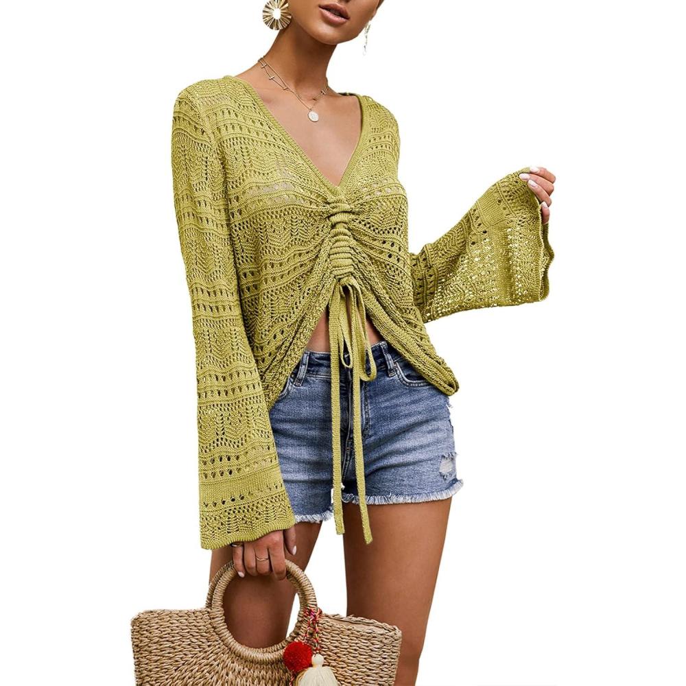 imageSaodimallsu Womens Boho Off Shoulder Sheer Crop Tops Bell Sleeve Flowy Oversized Crochet Ruched Pullover SweatersYellow Green