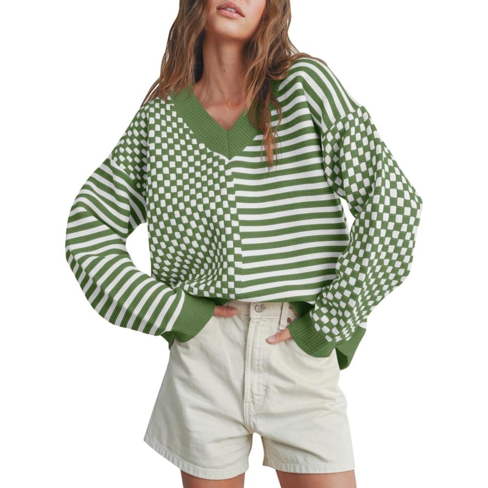 imageSaodimallsu Womens Checkered Striped Sweater V Neck Long Sleeve Fall Trendy Loose Knit Cozy Pullover TopsArmy Green