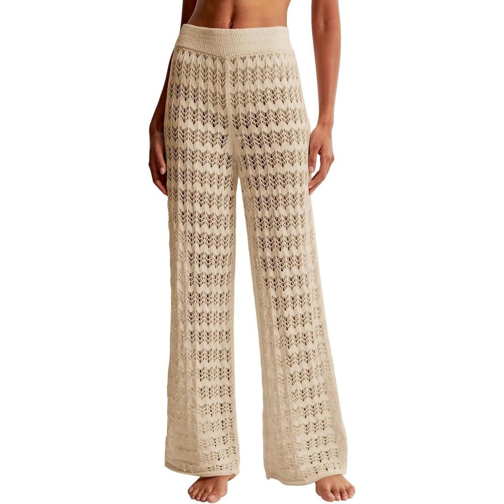 imageSaodimallsu Womens Crochet Cover Up Pants Sheer Mesh High Waist Sexy Casual Knit Summer Swimsuit Coverup Beach PantsApricot