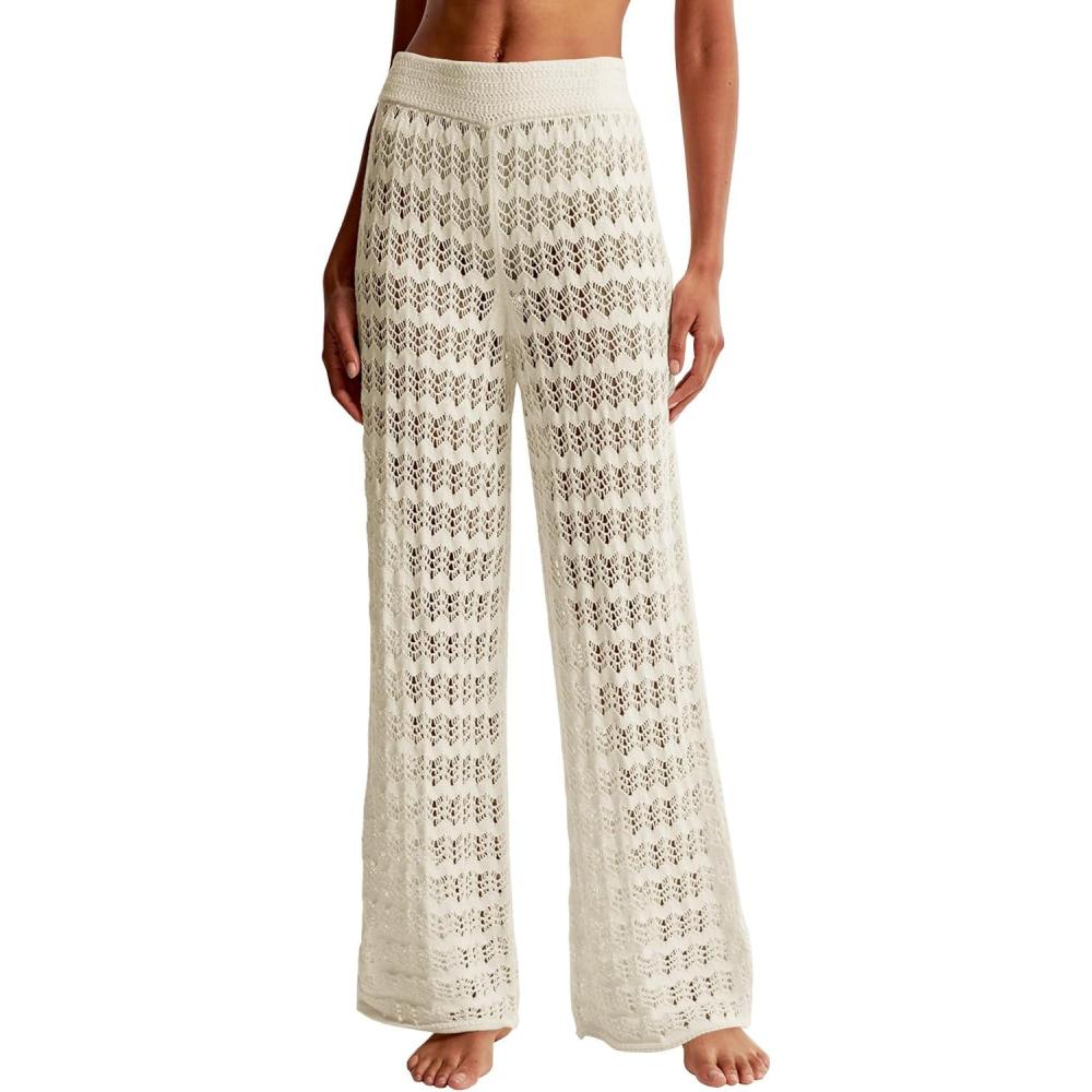 imageSaodimallsu Womens Crochet Cover Up Pants Sheer Mesh High Waist Sexy Casual Knit Summer Swimsuit Coverup Beach PantsBeige