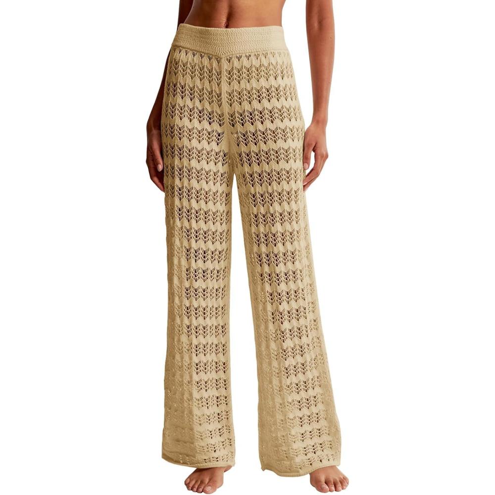 imageSaodimallsu Womens Crochet Cover Up Pants Sheer Mesh High Waist Sexy Casual Knit Summer Swimsuit Coverup Beach PantsLight Khaki