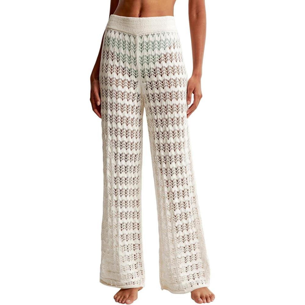 imageSaodimallsu Womens Crochet Cover Up Pants Sheer Mesh High Waist Sexy Casual Knit Summer Swimsuit Coverup Beach PantsWhite