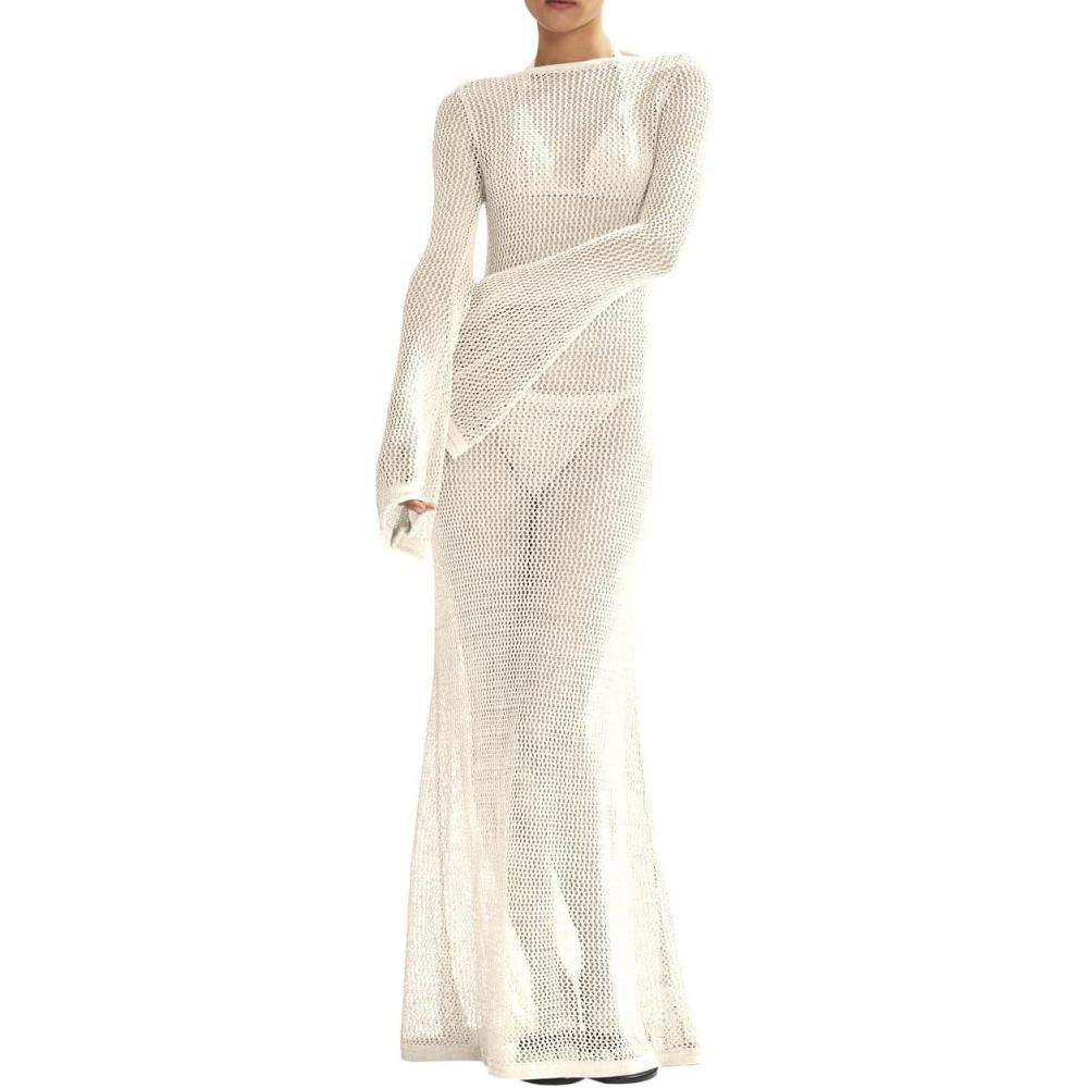 imageSaodimallsu Womens Crochet Cover Ups Long Sleeve Sexy Mesh Backless Knit Swimsuit Coverup Beach Maxi DressBeige