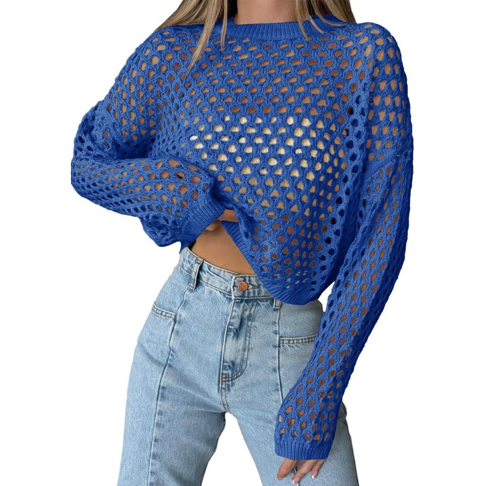 imageSaodimallsu Womens Crochet Crop Tops Summer Long Sleeve Mesh Knit Beach Cover Up Hollow Out Crewneck Pullover SweatersBlue