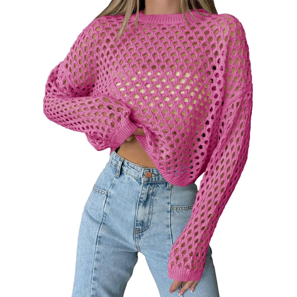 imageSaodimallsu Womens Crochet Crop Tops Summer Long Sleeve Mesh Knit Beach Cover Up Hollow Out Crewneck Pullover SweatersPink