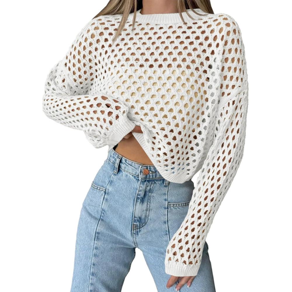 imageSaodimallsu Womens Crochet Crop Tops Summer Long Sleeve Mesh Knit Beach Cover Up Hollow Out Crewneck Pullover SweatersWhite