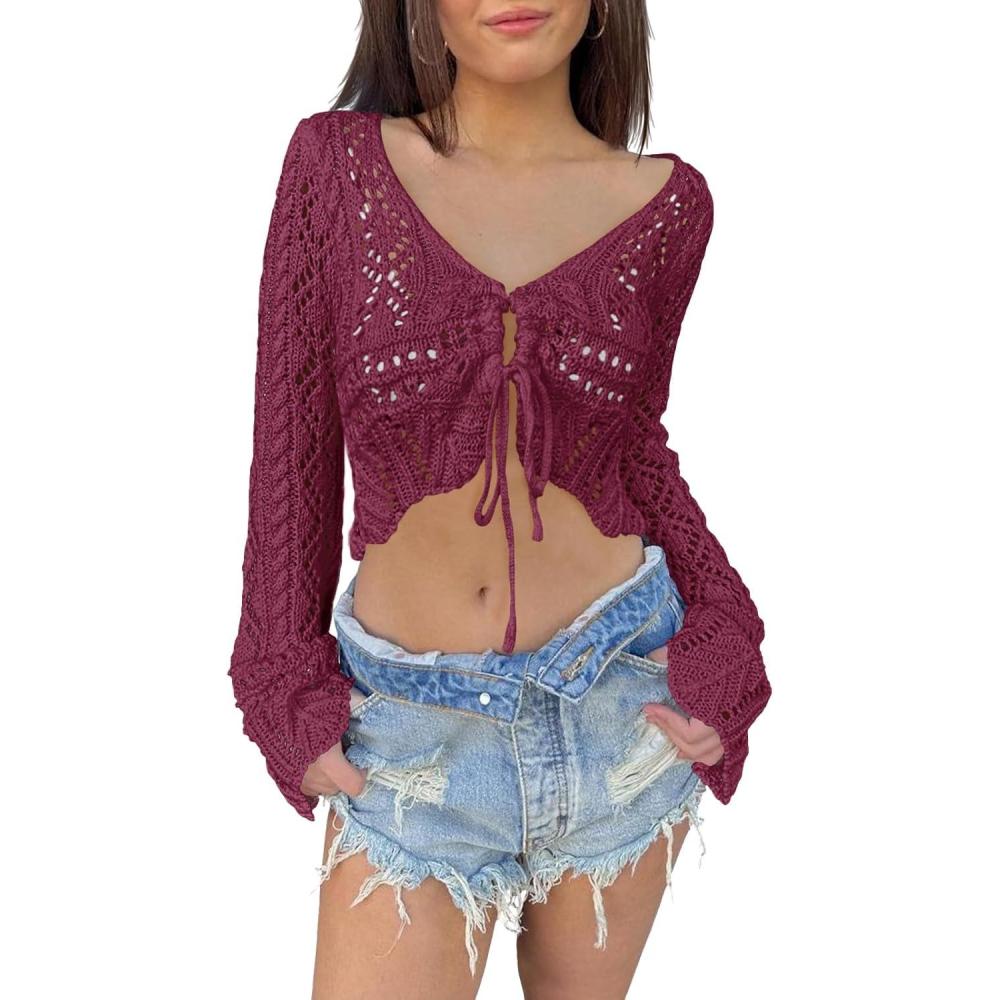 imageSaodimallsu Womens Crochet Crop Tops Tie Front Bell Long Sleeve Cardigan V Neck Lightweight Knit Shrug SweatersWine Red